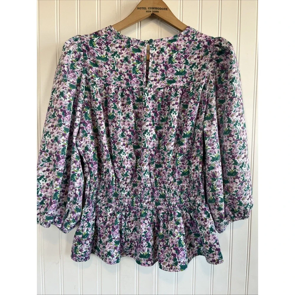 Pleione Blouse XS Peplum Puff 3/4 Sleeve Smocked Floral‎ Purple Green